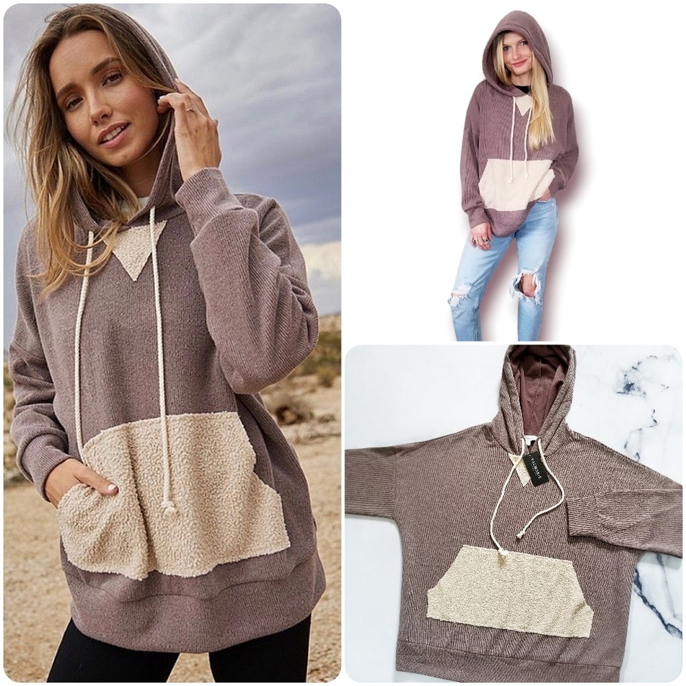 NWT Mocha Taupe Ribbed Knit Contrast Hoodie